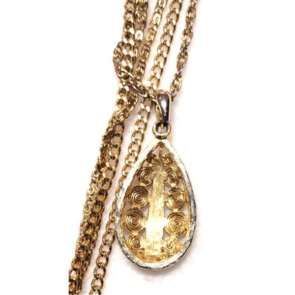 Vtg 70s 3 Strand Necklace Goldtone Teardrop Wire Wrapped Pattern Foldover Clasp - Picture 5 of 6